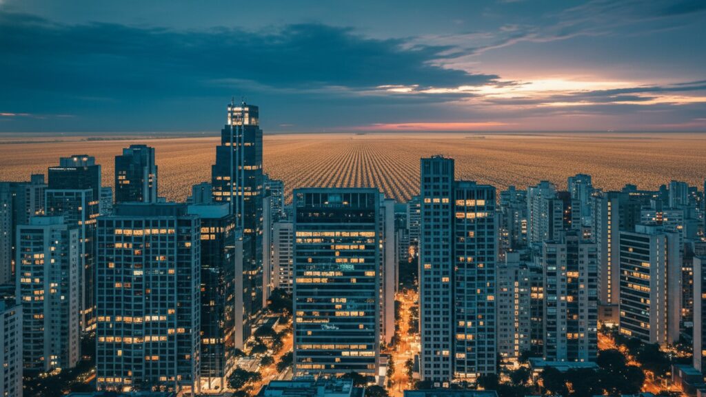 Skyline de São Paulo ao crepúsculo com plantação de soja ao fundo simbolizando o eixo do agronegócio