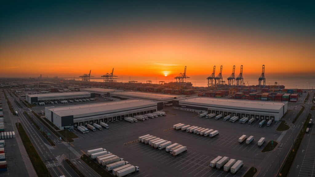 Vista aérea de hub logístico brasileiro ao pôr do sol com portos e armazéns