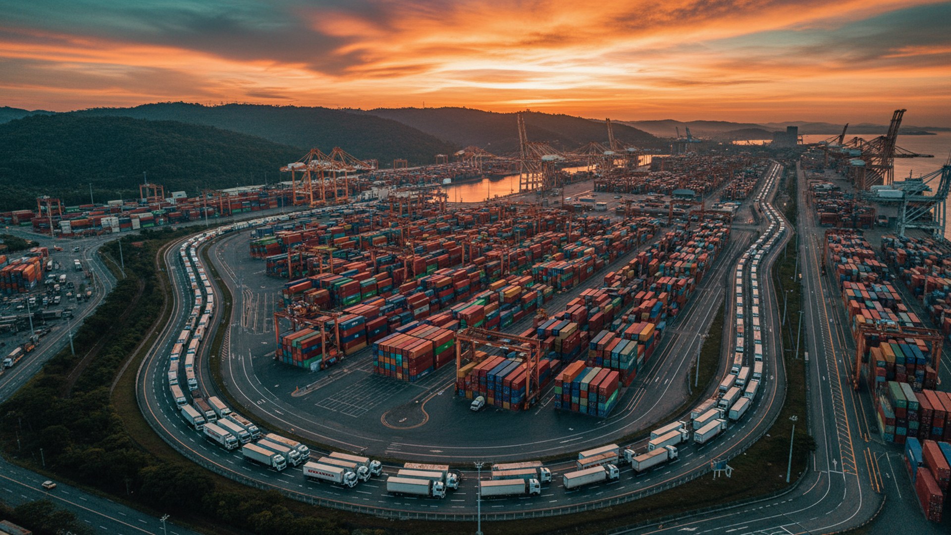 Vista aérea do porto de Itajaí em Santa Catarina com containers e caminhões ao pôr do sol